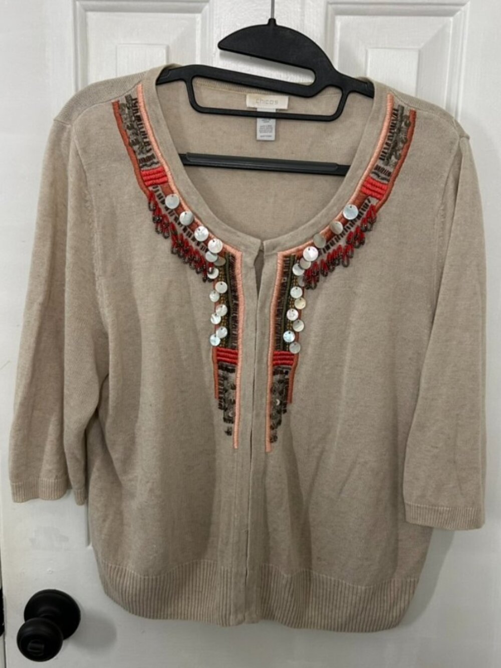 Chico's Size 2 (Large 12-14) Linen Blend Embellished Cardigan